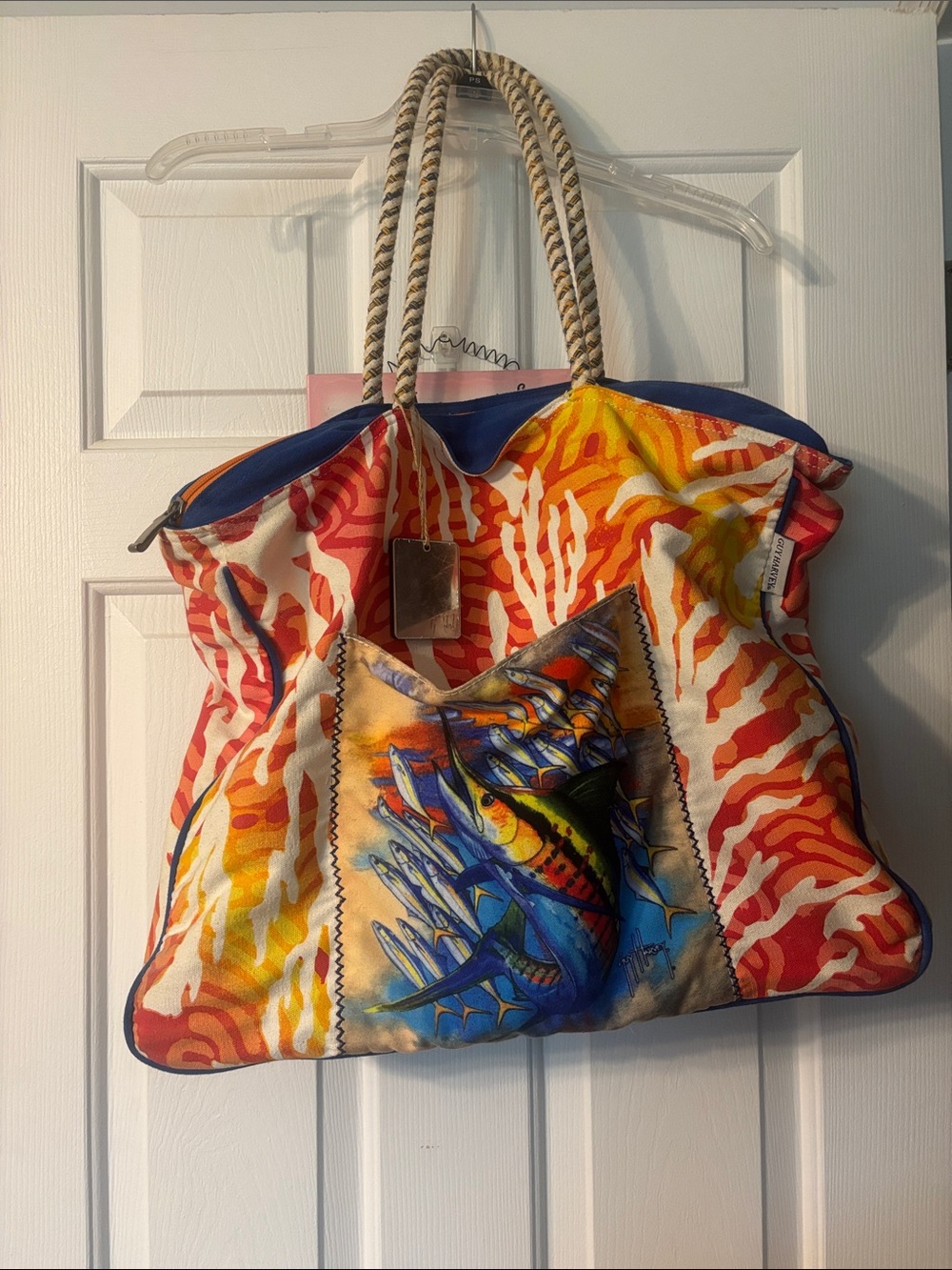 Guy Harvey Multicolor Fish Print Canvas Tote with Rope Handles